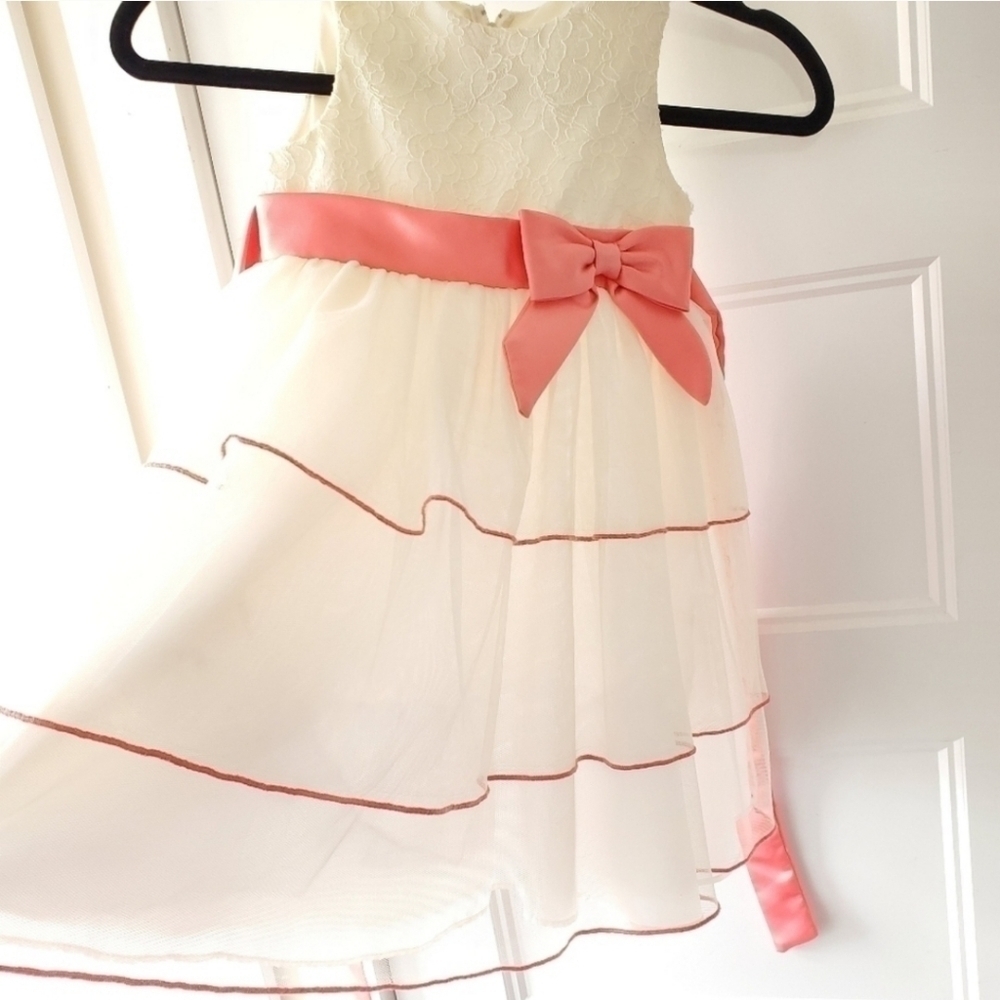 Kids Tulle Long Dress White and Peach Ribbon
